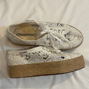 Superga 2750 Macramé Platform Espadrille Sneakers in White Lace + Jute Rope, 38